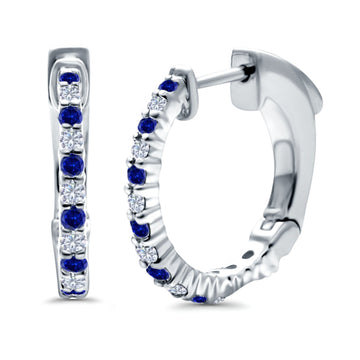 Half Eternity Huggie Hoop Earrings Round Simulated Blue Sapphire CZ 925 Sterling Silver (14mm)